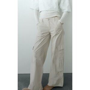 ZARA Wide Leg High Rise Cotton Cargo Pants in Cream Casual Travel Preppy Y2K
